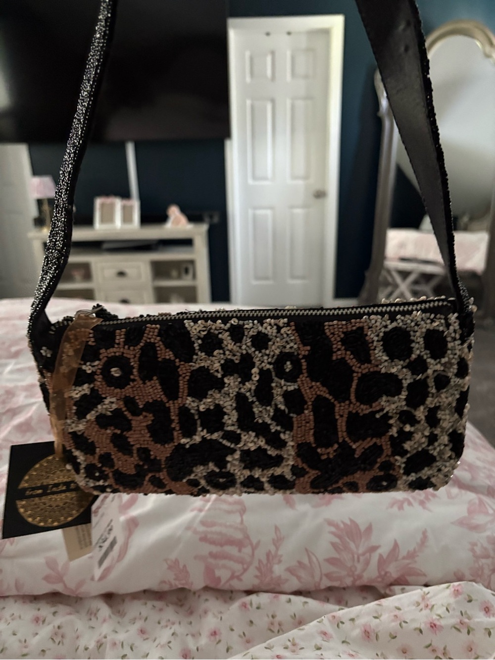 Beaded Leopard-Print Shoulder Bag - Black & Brown